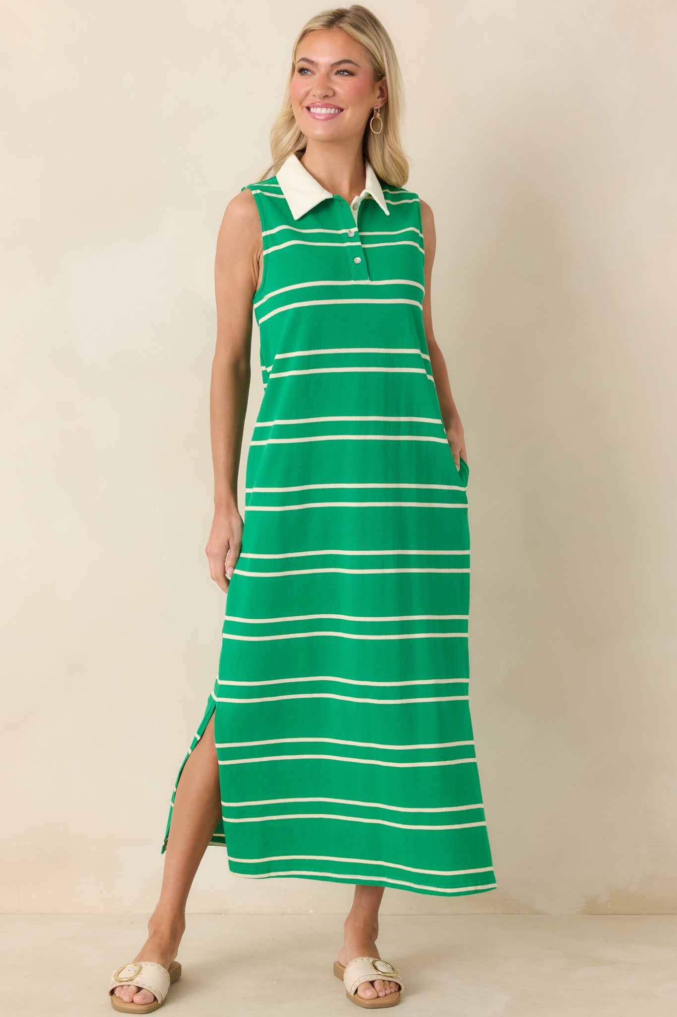Polished Play Green Stripe Cotton Sleeveless Maxi Dress