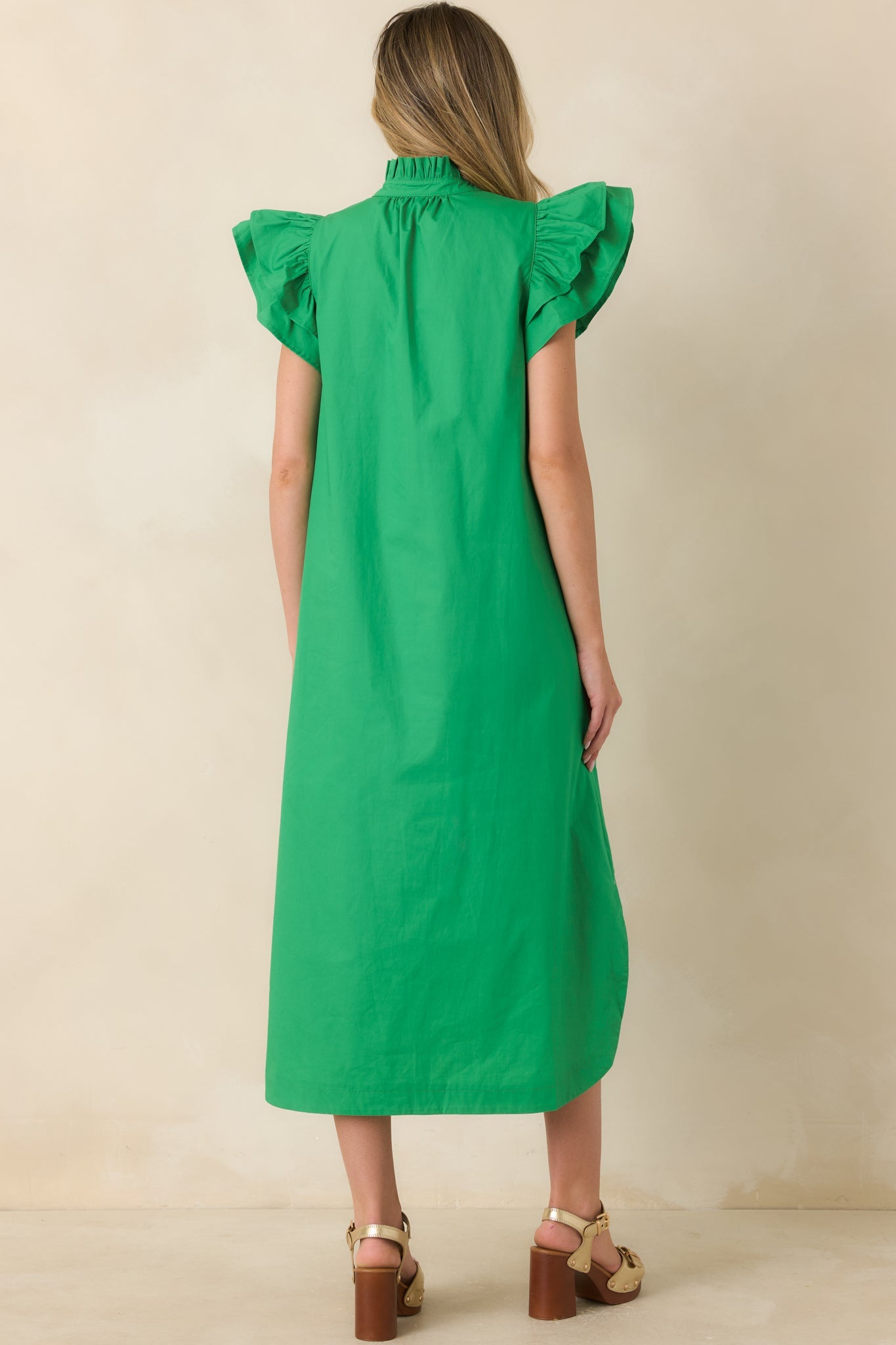 Exactly As Planned Green Cotton Ruffle Button-Front Midi Dress