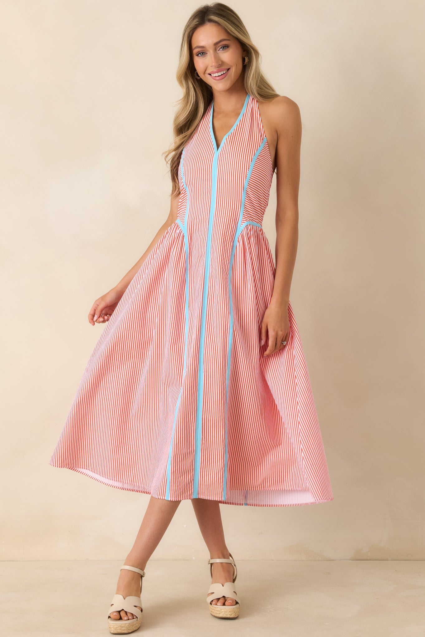 Poolside Poetry Poppy Red Stripe Contrast Halter Midi Dress