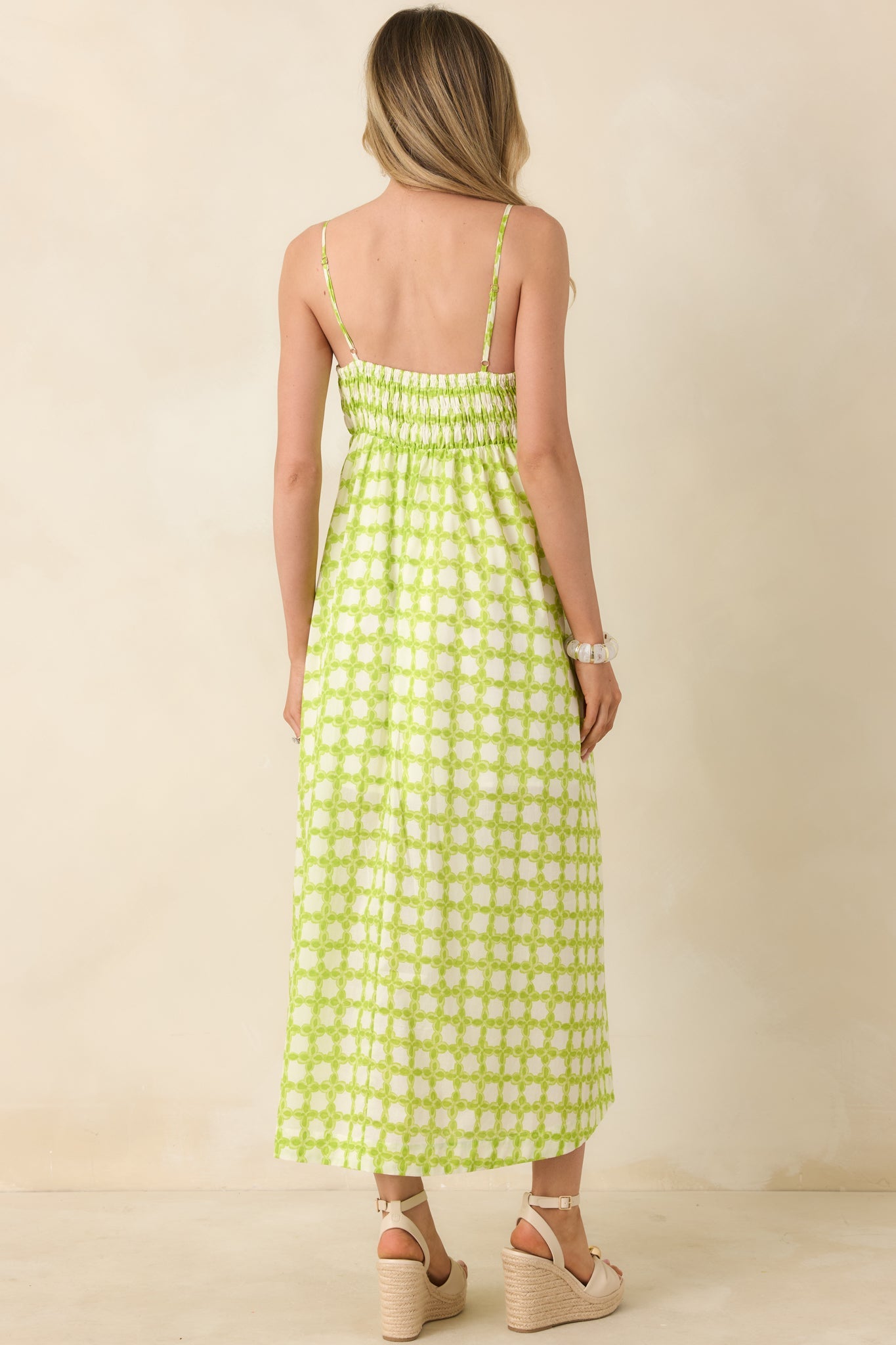 On the Bright Path Chartreuse Green Printed Cotton Midi Dress