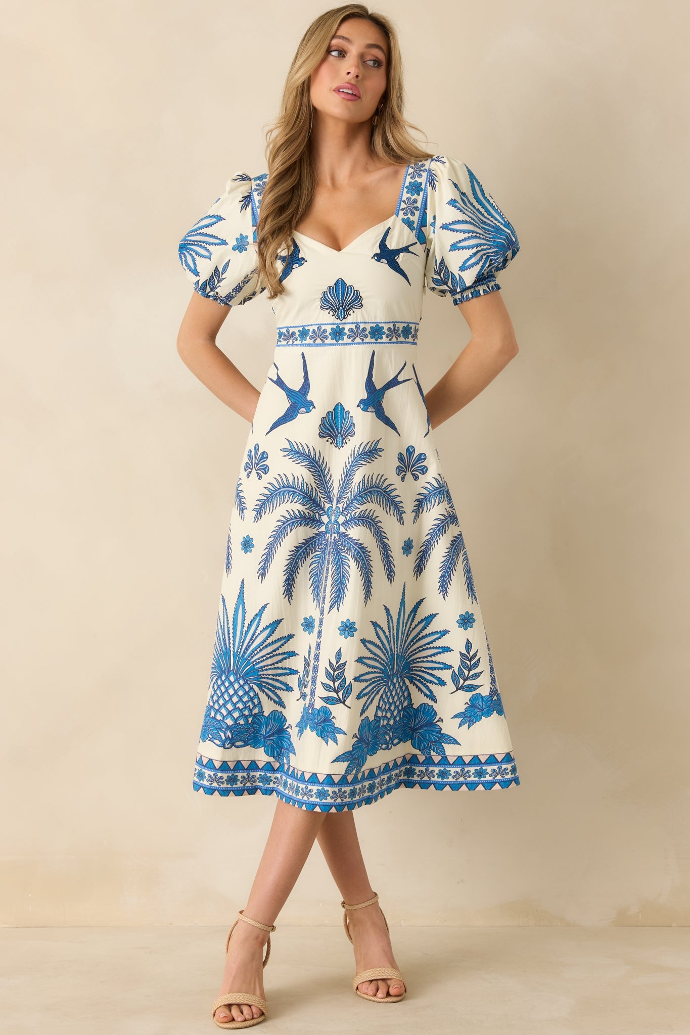 Aylaya Godthab Vibrant Blue & Ivory Cotton Tropical Print Midi Dress