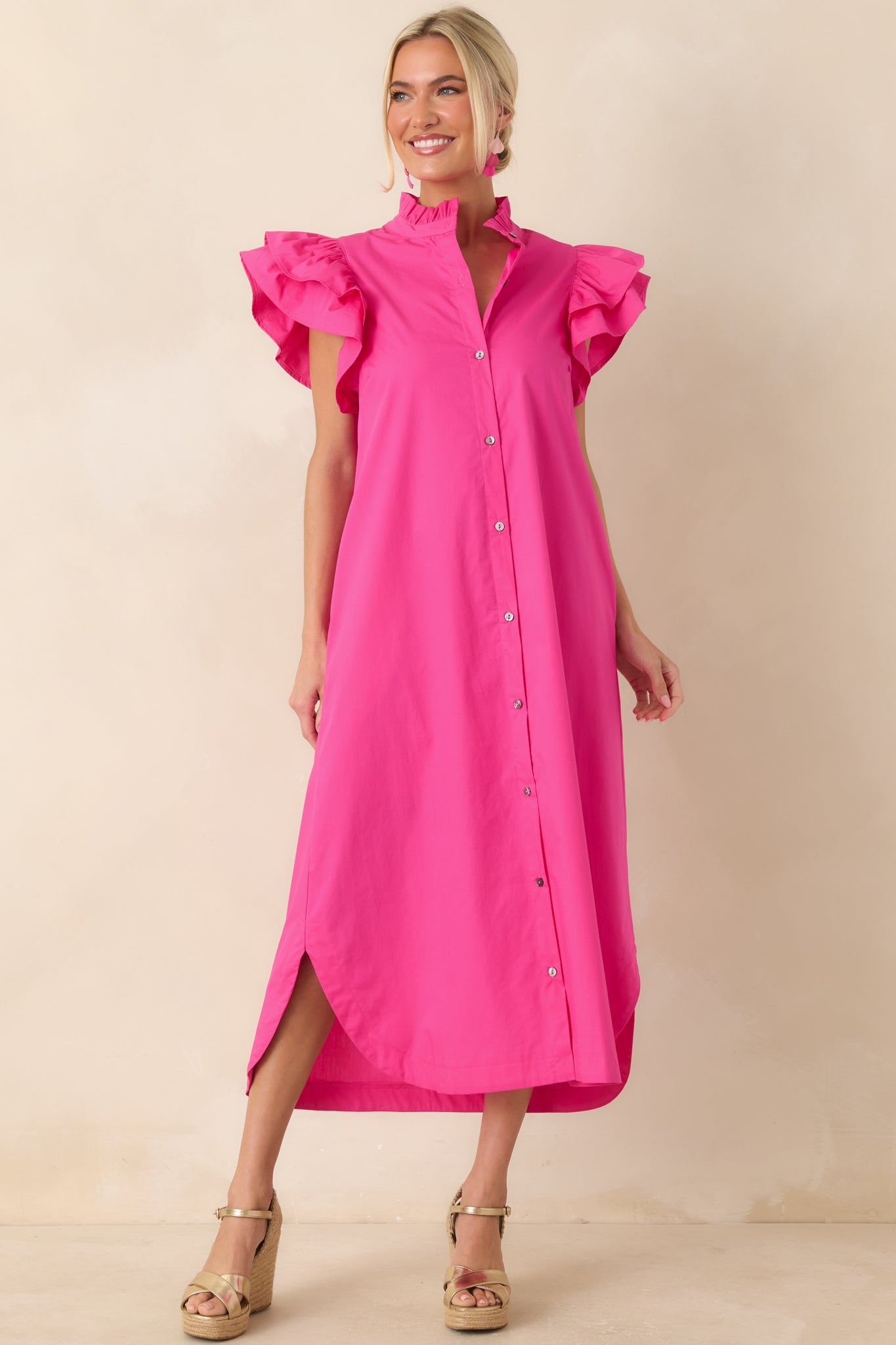 Exactly As Planned Fuchsia Cotton Ruffle Button-Front Midi Dress