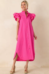 Exactly As Planned Fuchsia Cotton Ruffle Button-Front Midi Dress
