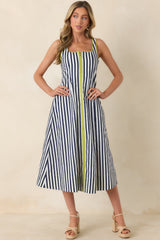 All Smiles Navy & Chartreuse Stripe Cotton Midi Dress