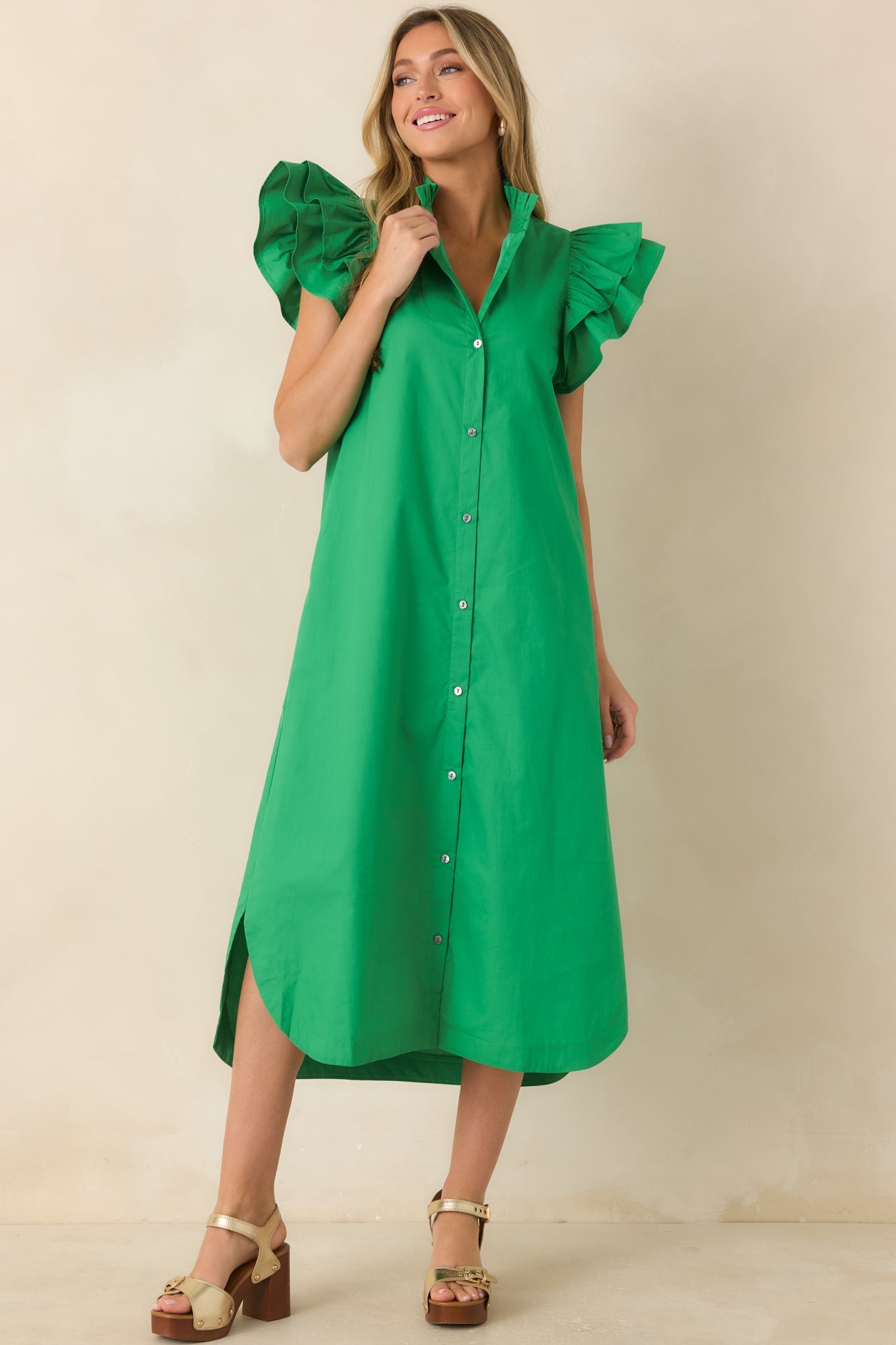 Exactly As Planned Green Cotton Ruffle Button-Front Midi Dress
