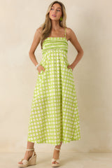 On the Bright Path Chartreuse Green Printed Cotton Midi Dress