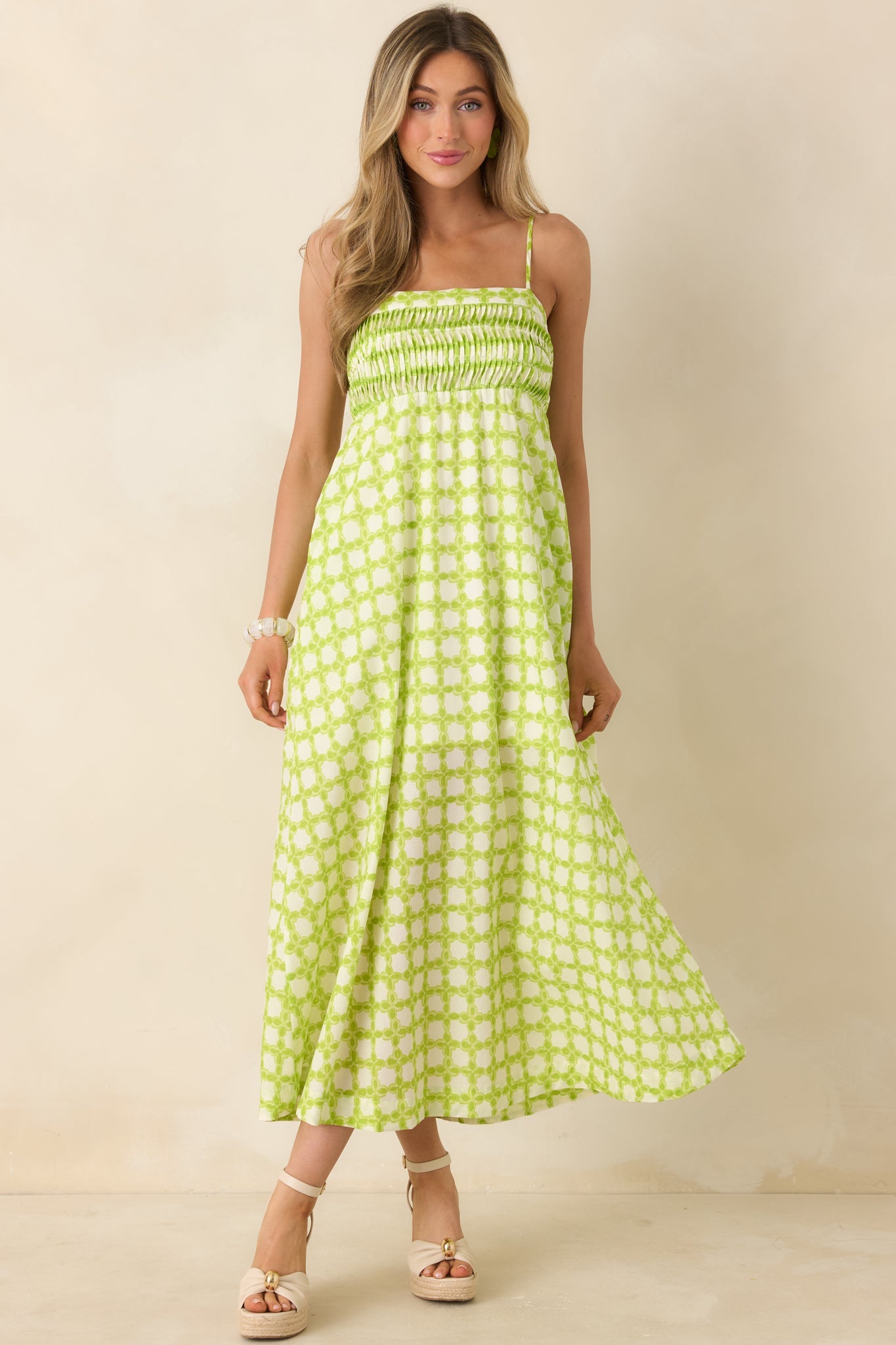 On the Bright Path Chartreuse Green Printed Cotton Midi Dress