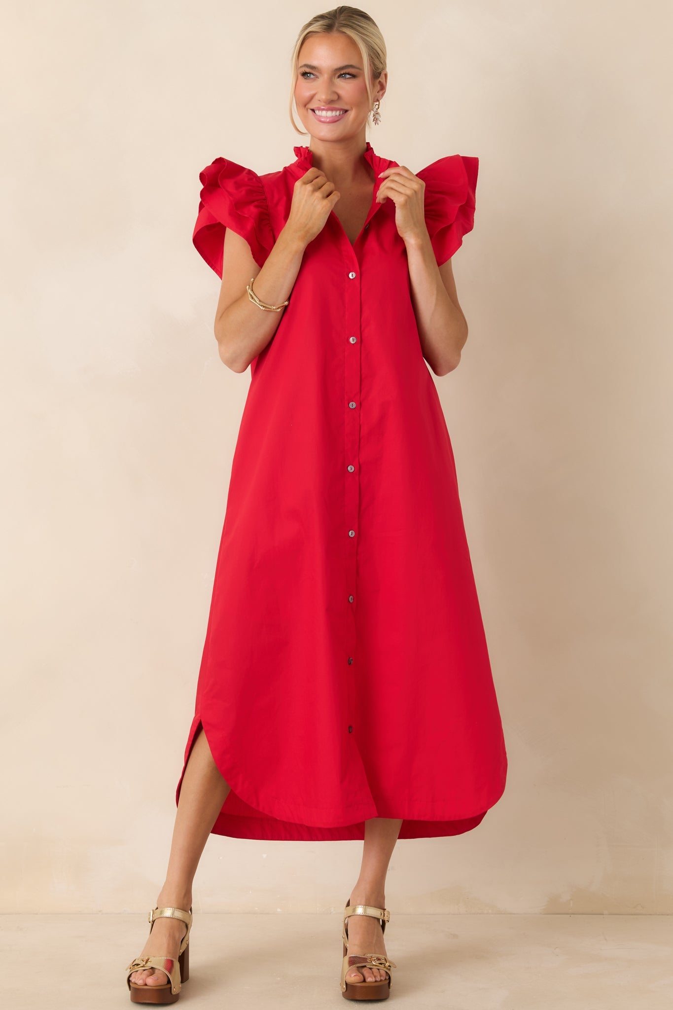 Exactly As Planned Red Cotton Ruffle Button Front Midi Dress