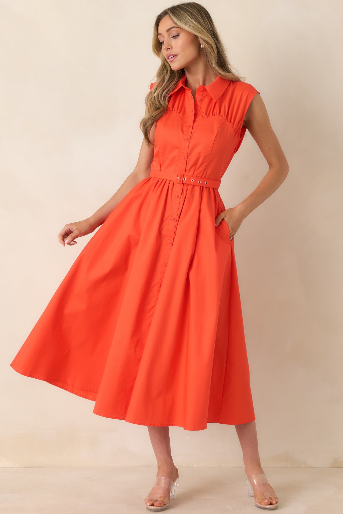 Hello Gorgeous Orange Cotton Belted Sleeveless Midi Dress