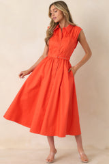 Hello Gorgeous Orange Cotton Belted Sleeveless Midi Dress