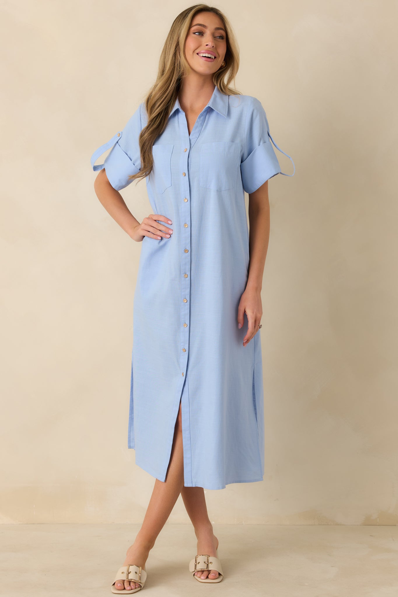 Show Me the Way Light Blue Cotton Button Front Midi Shirt Dress