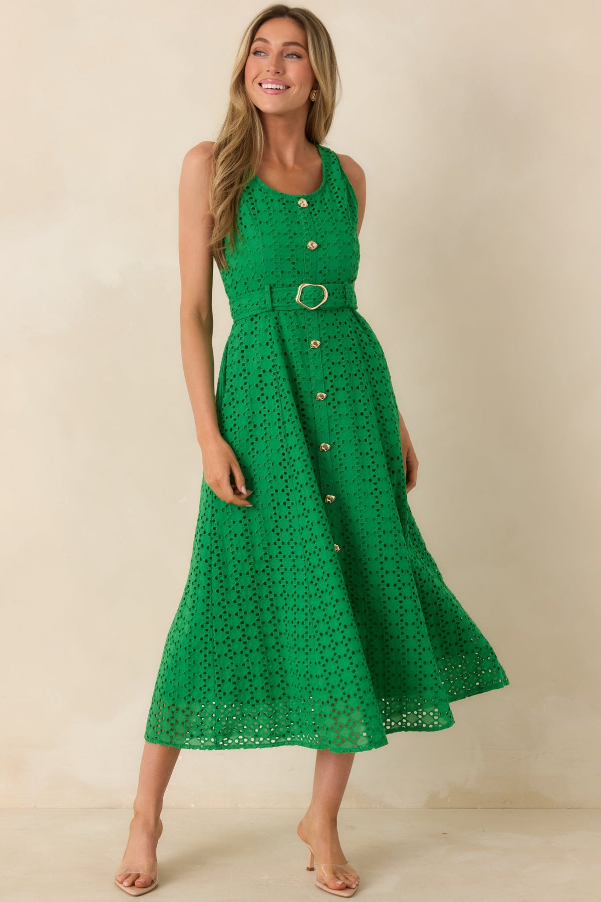 Garden Society Green Cotton Eyelet Sleeveless Midi Dress