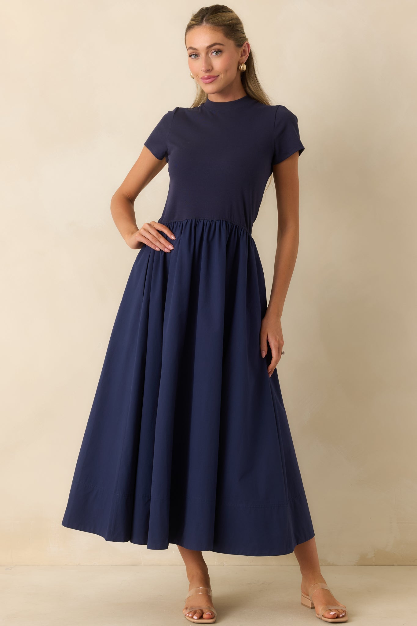 Prosperina Aria Navy Cotton Short Sleeve Midi Dress
