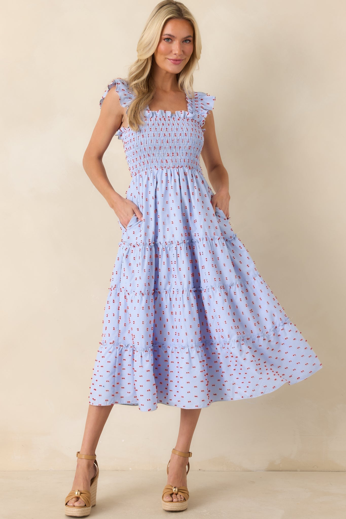Prosperina Felicity Blue Gingham Embroidered Midi Dress