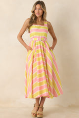 Sunbeam Days Yellow & Pink Stripe Cotton Belted Midi Dress