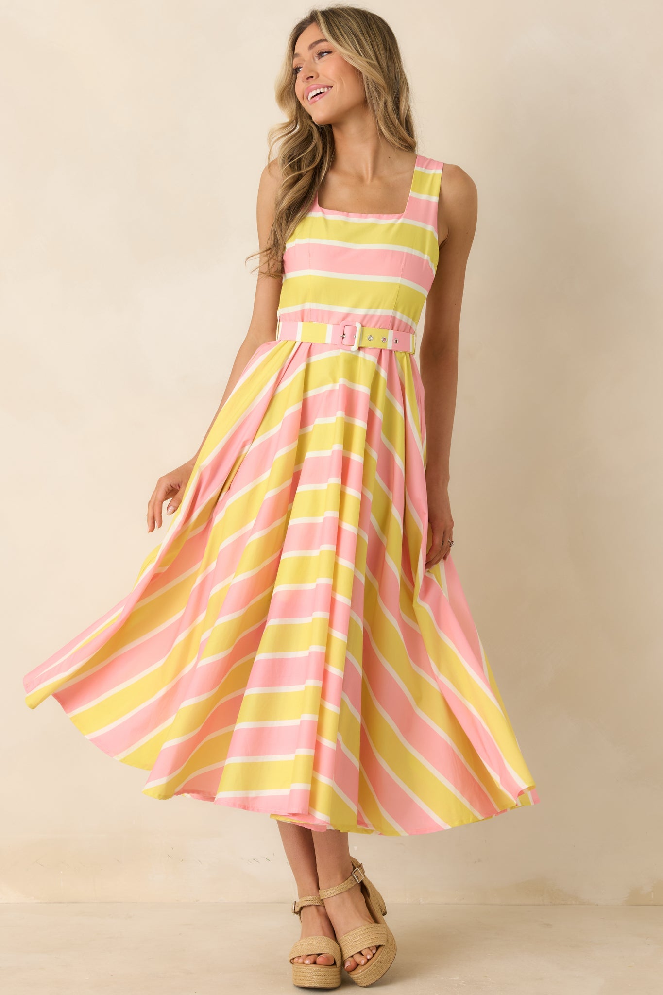 Sunbeam Days Yellow & Pink Stripe Cotton Belted Midi Dress
