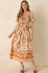 Bloom With Me Peach & Meadow Green Floral Cotton Midi Skirt