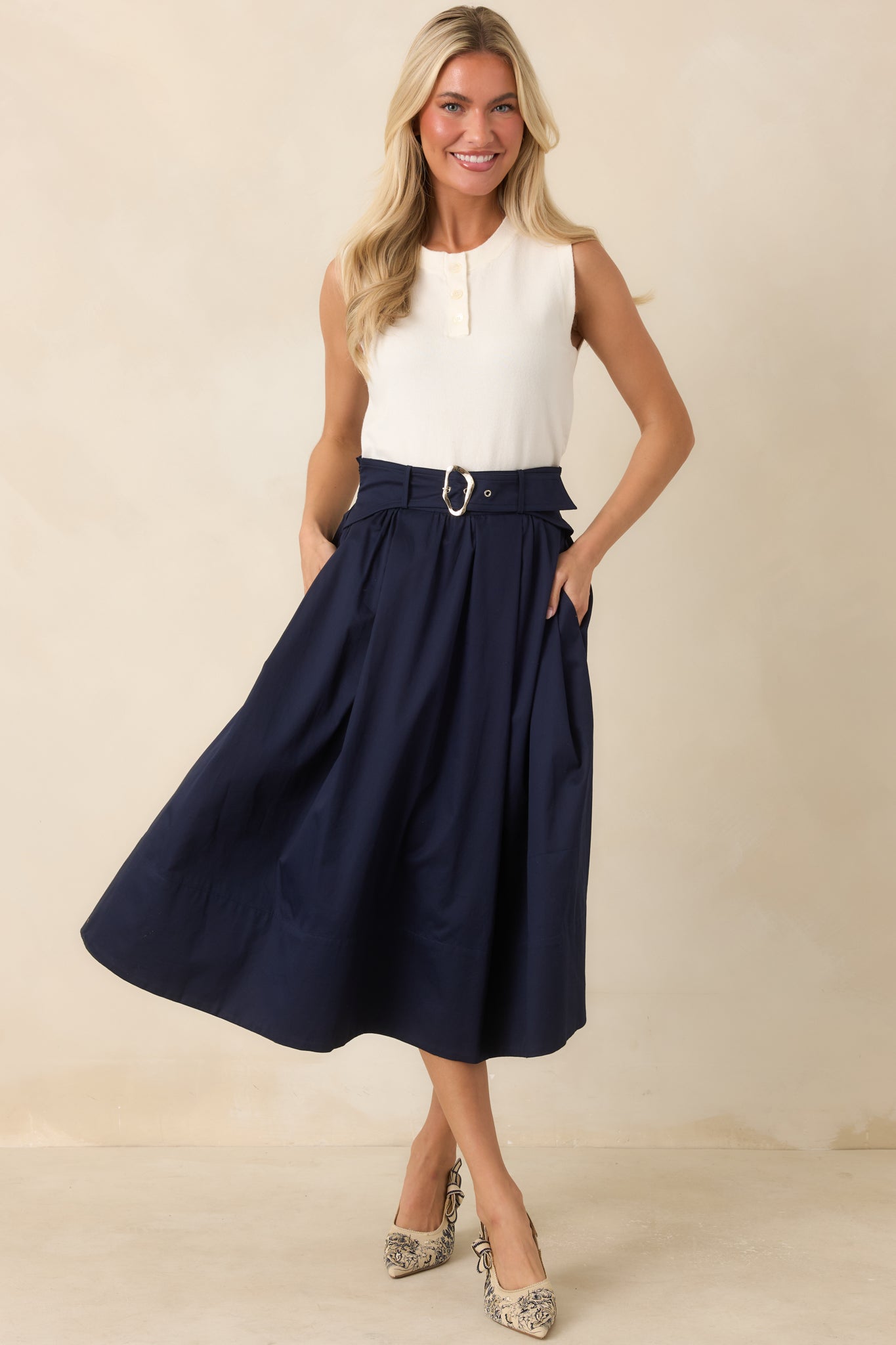 Worth Mentioning Navy Belted Cotton Midi Skirt