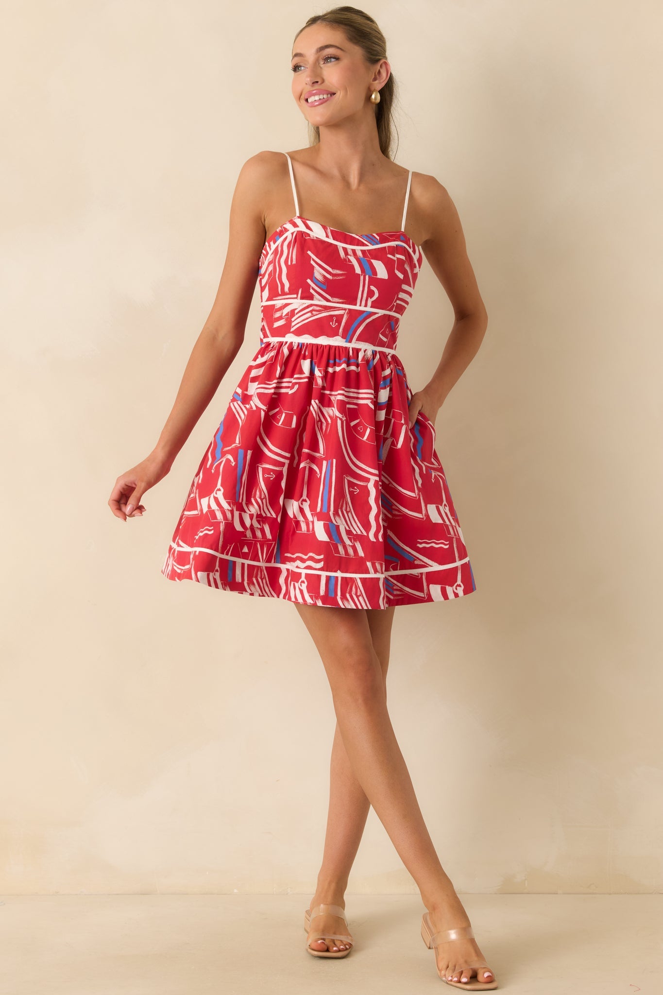 Prosperina Veronica Red Multi Yacht Club Cotton Mini Dress