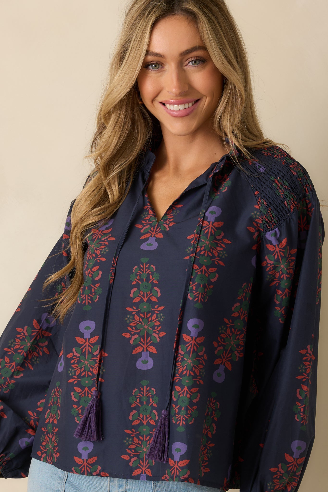 Starlit Garden Navy Multi Floral Print Cotton Peasant Top