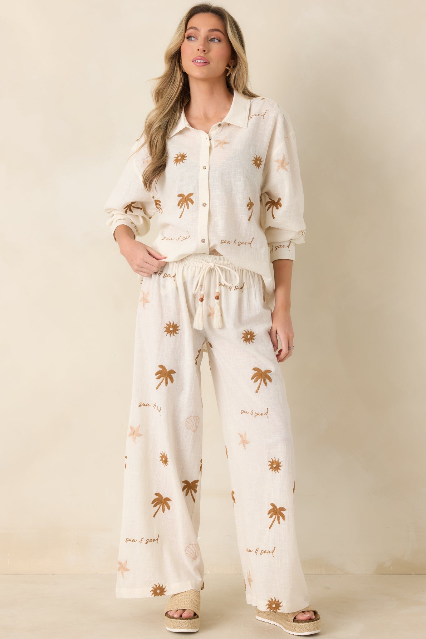 Driftwood Days Light Beige Cotton Coastal Embroidered Wide Leg Pants