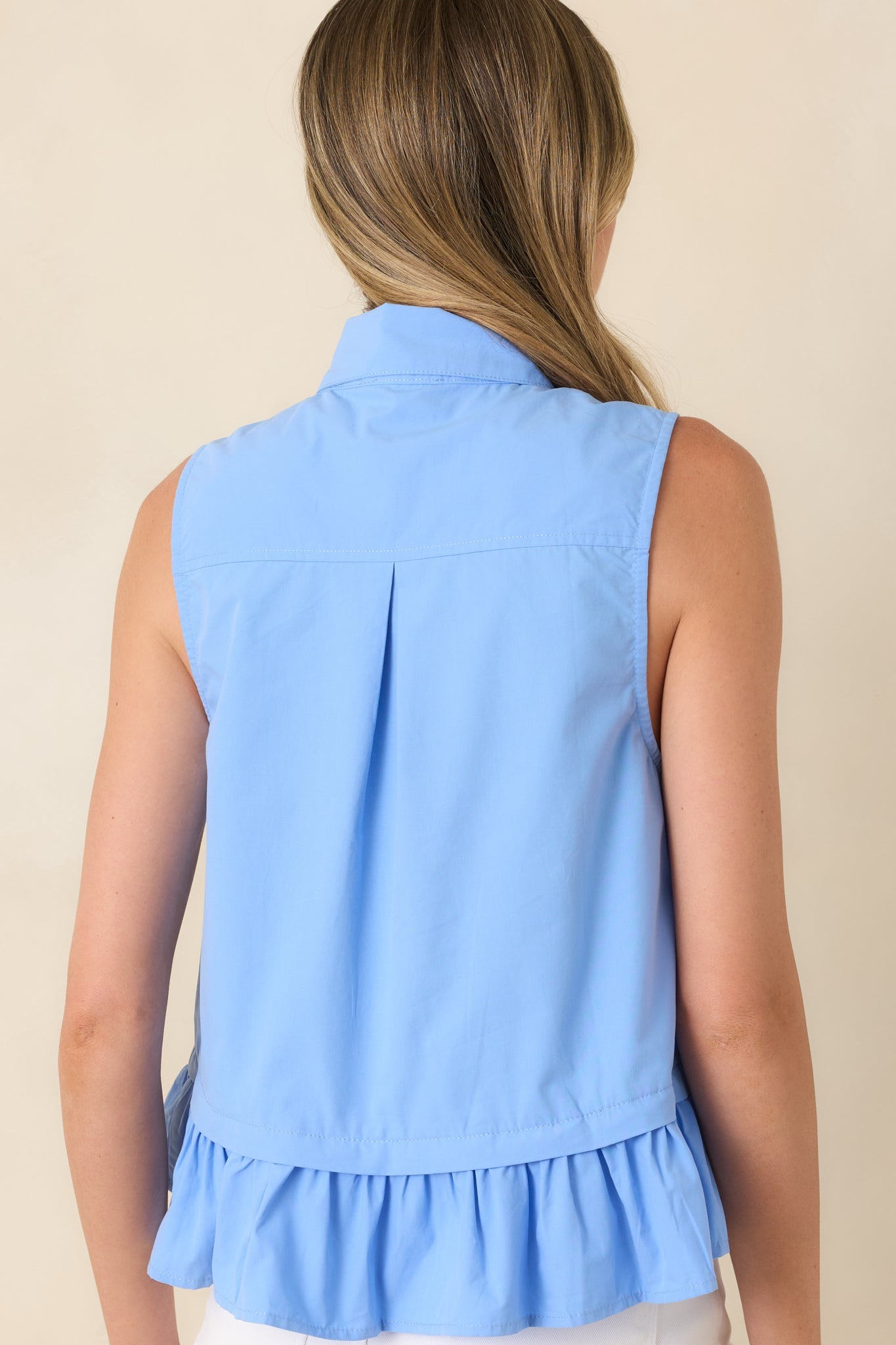 Charm School Blue Cotton Sleeveless Tie Neck Top