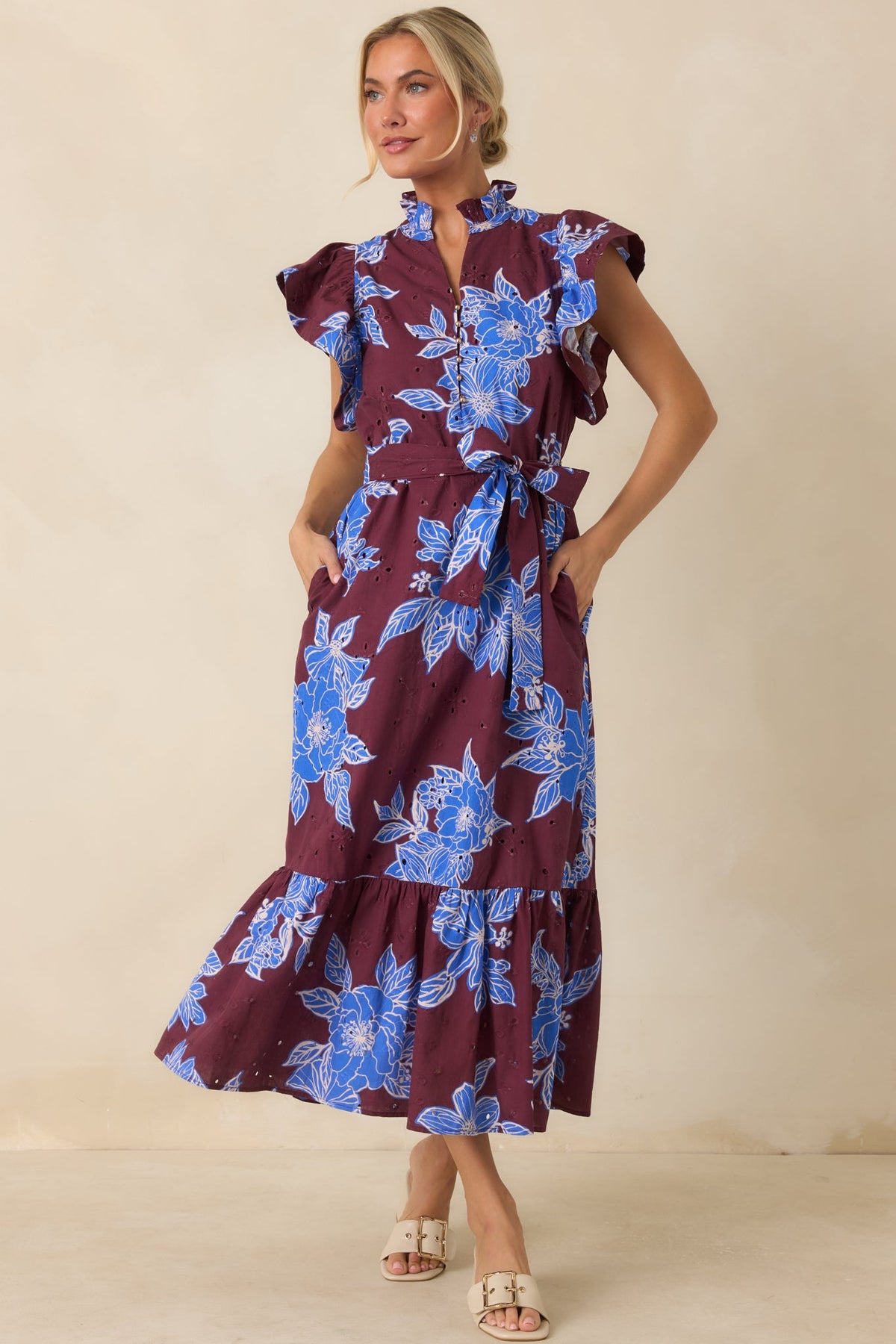 Fresh Air Affair Wine & Cobalt Floral Cotton Eyelet Midi Dress