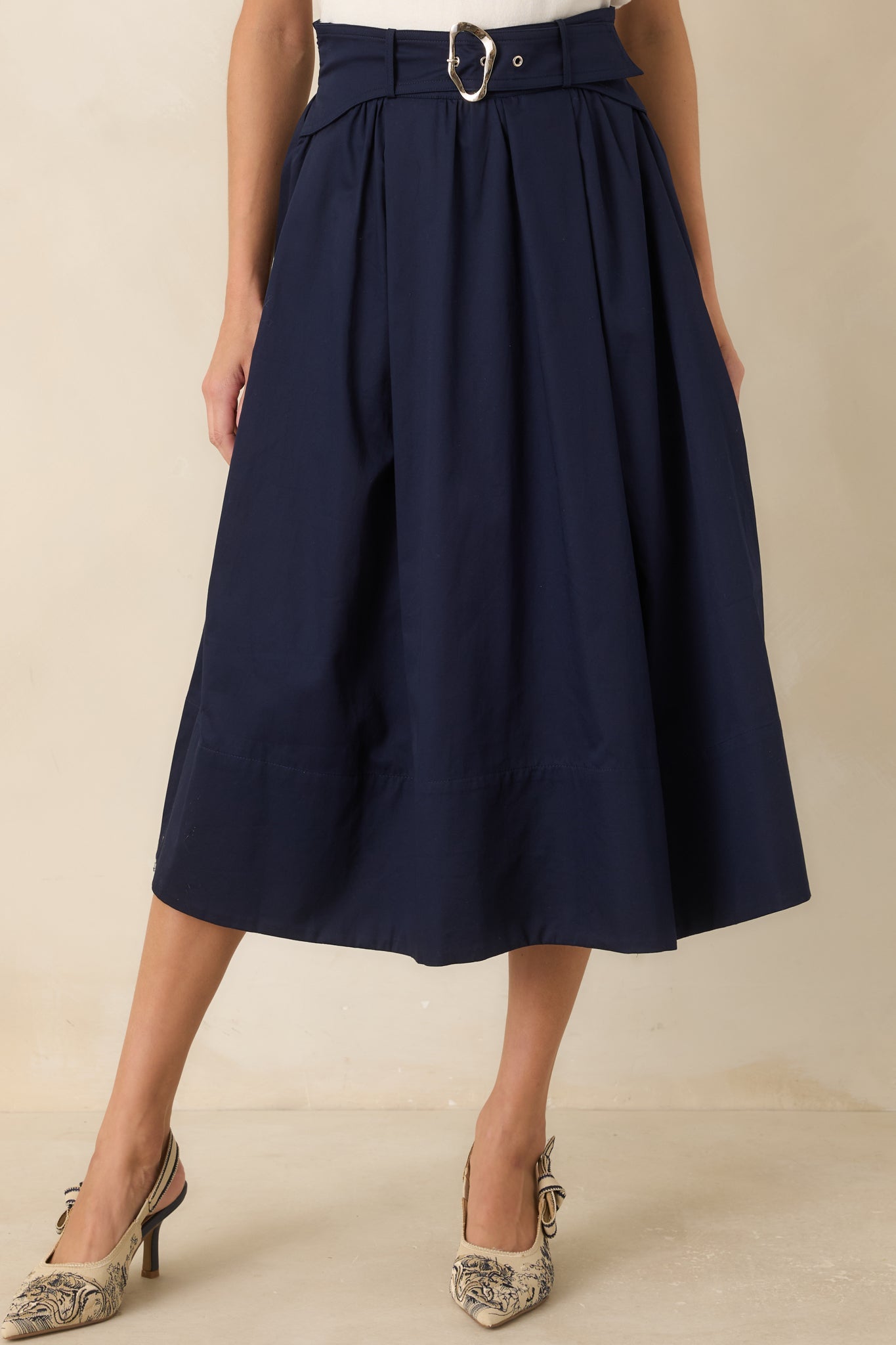 Worth Mentioning Navy Belted Cotton Midi Skirt