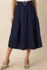 Worth Mentioning Navy Belted Cotton Midi Skirt