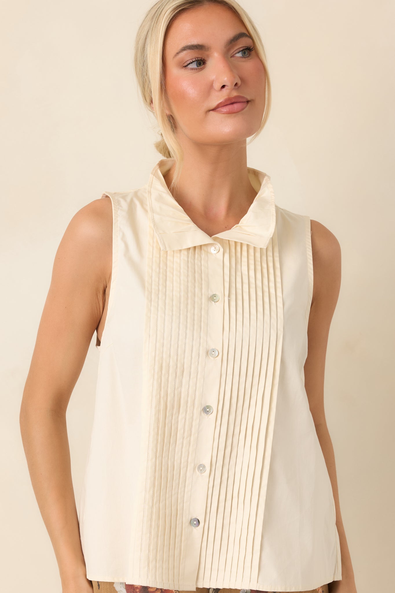 Tailored to Perfection Ecru Pintuck Sleeveless Blouse