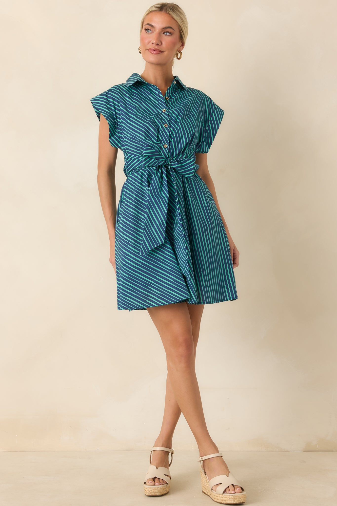 Blurred Lines Teal Stripe Tie Waist Mini Dress