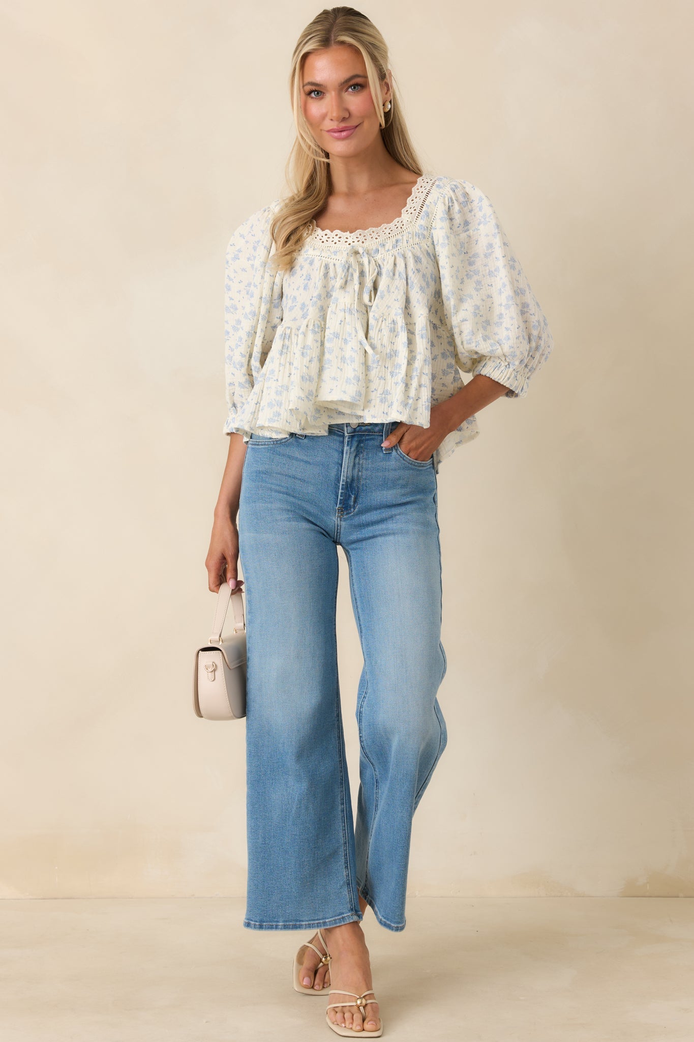 Sweetest Story Ivory & Blue Floral Cotton Blouse
