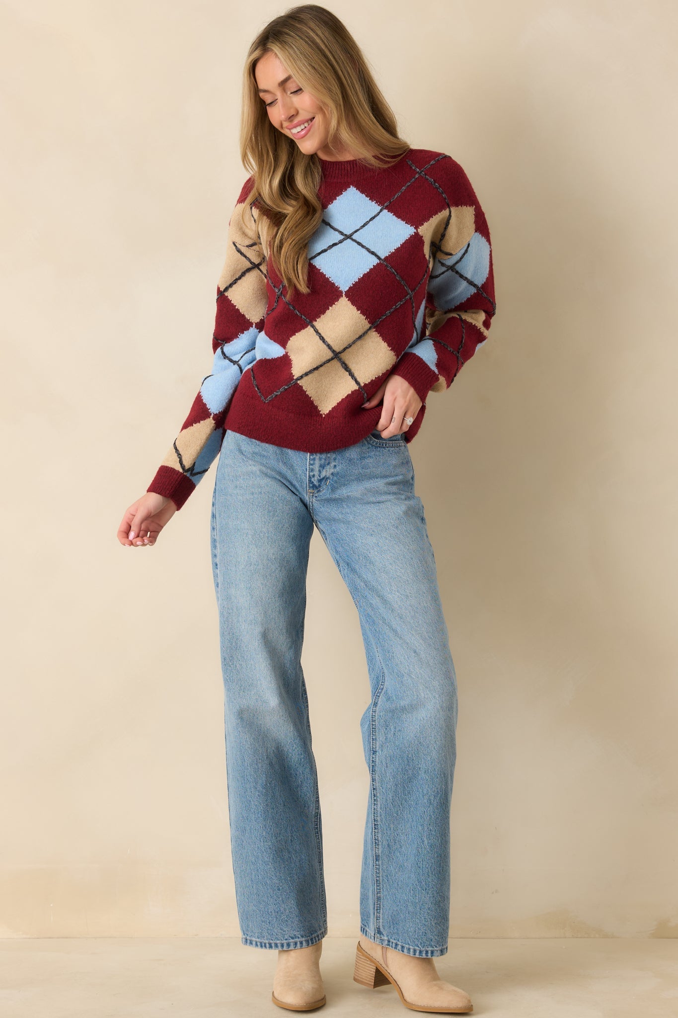 Check Back Later Burgundy Multi Argyle Knit Sweater