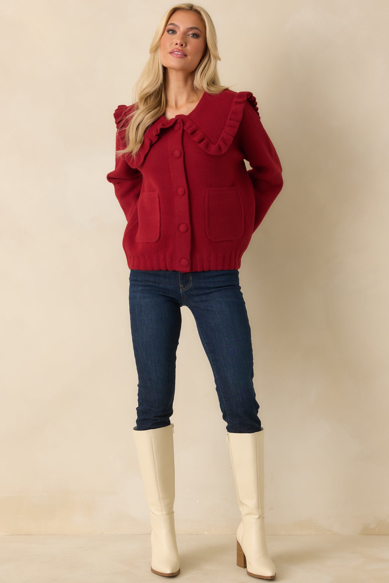 Frilled To Announce Cranberry Red Oversize Ruffle Collar Cardigan Sweater