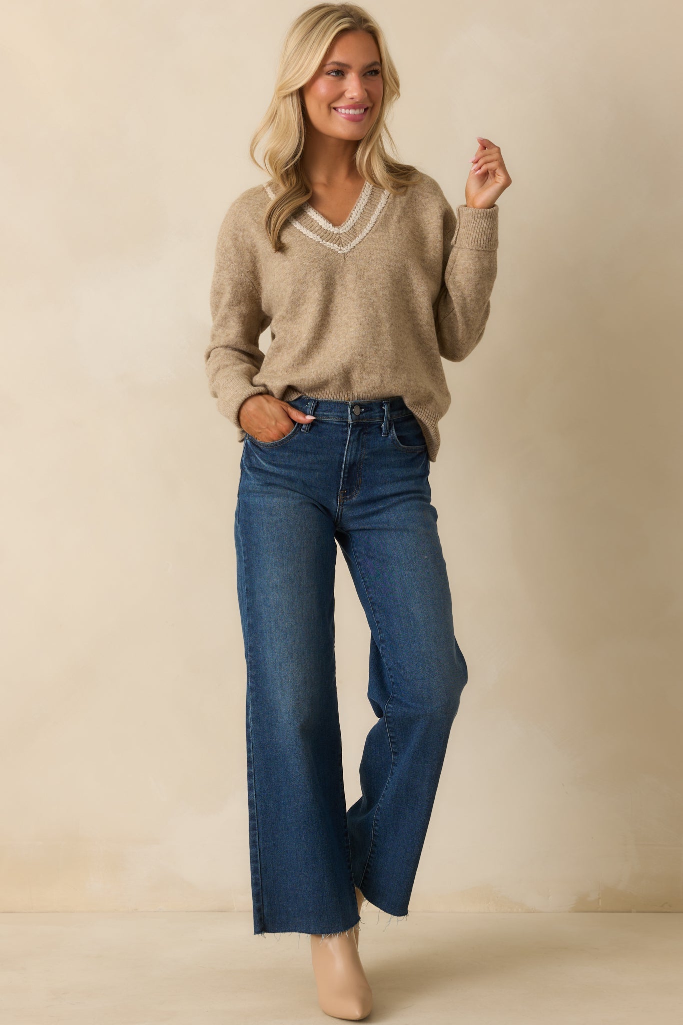 Let's Be Real About It Tan Ribbed Knit V-Neck Sweater
