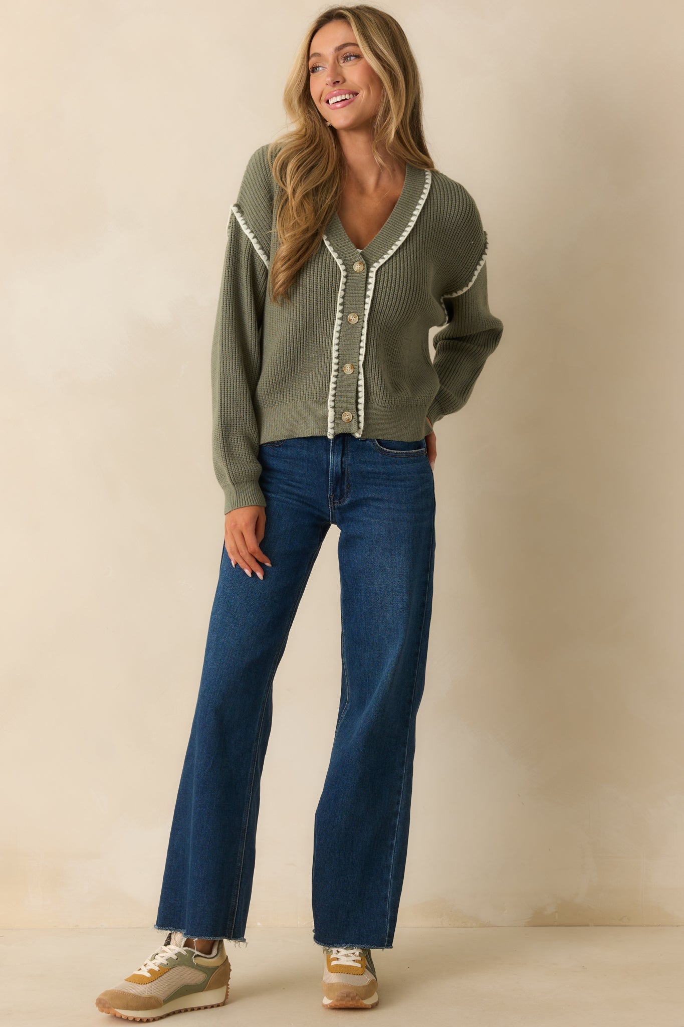 On The Mark Sage Green Contrast Trim Knit Button Up Cardigan