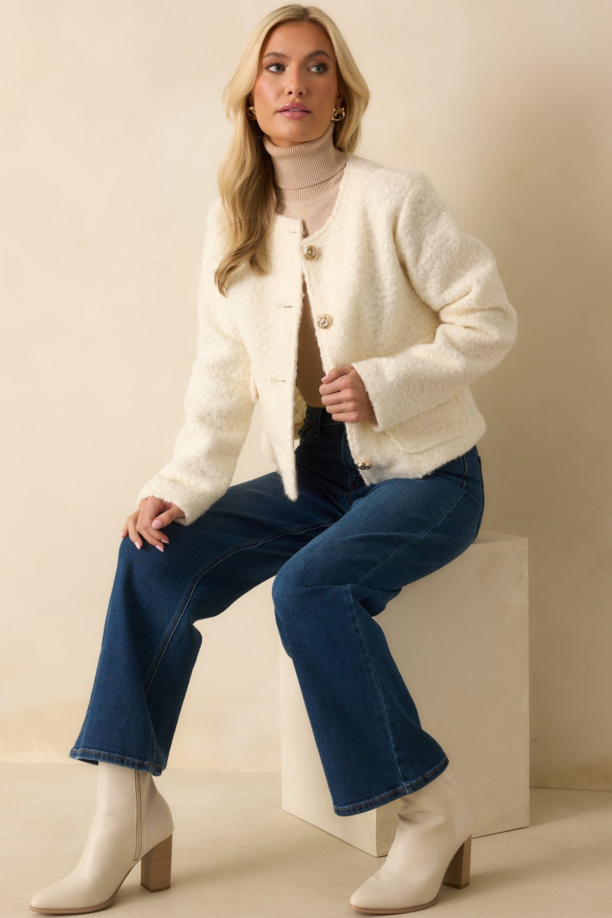 Whispered Warmth Cream Bouclé Button Front Jacket