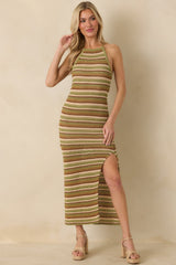 Earth Angel Green & Brown Stripe Crochet Halter Maxi Dress