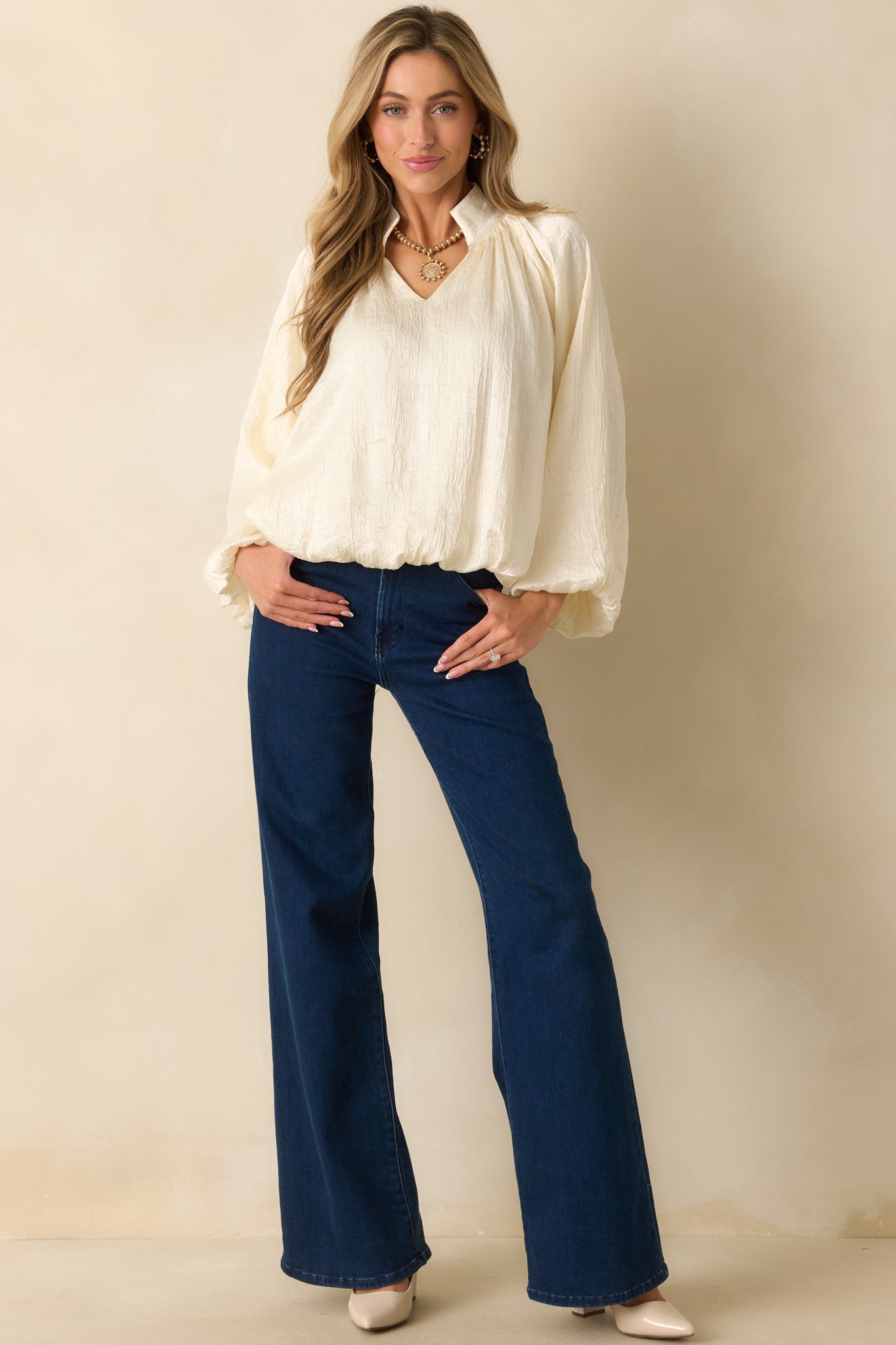 Promise Me This Cream Satin V-Neck Peasant Sleeve Top