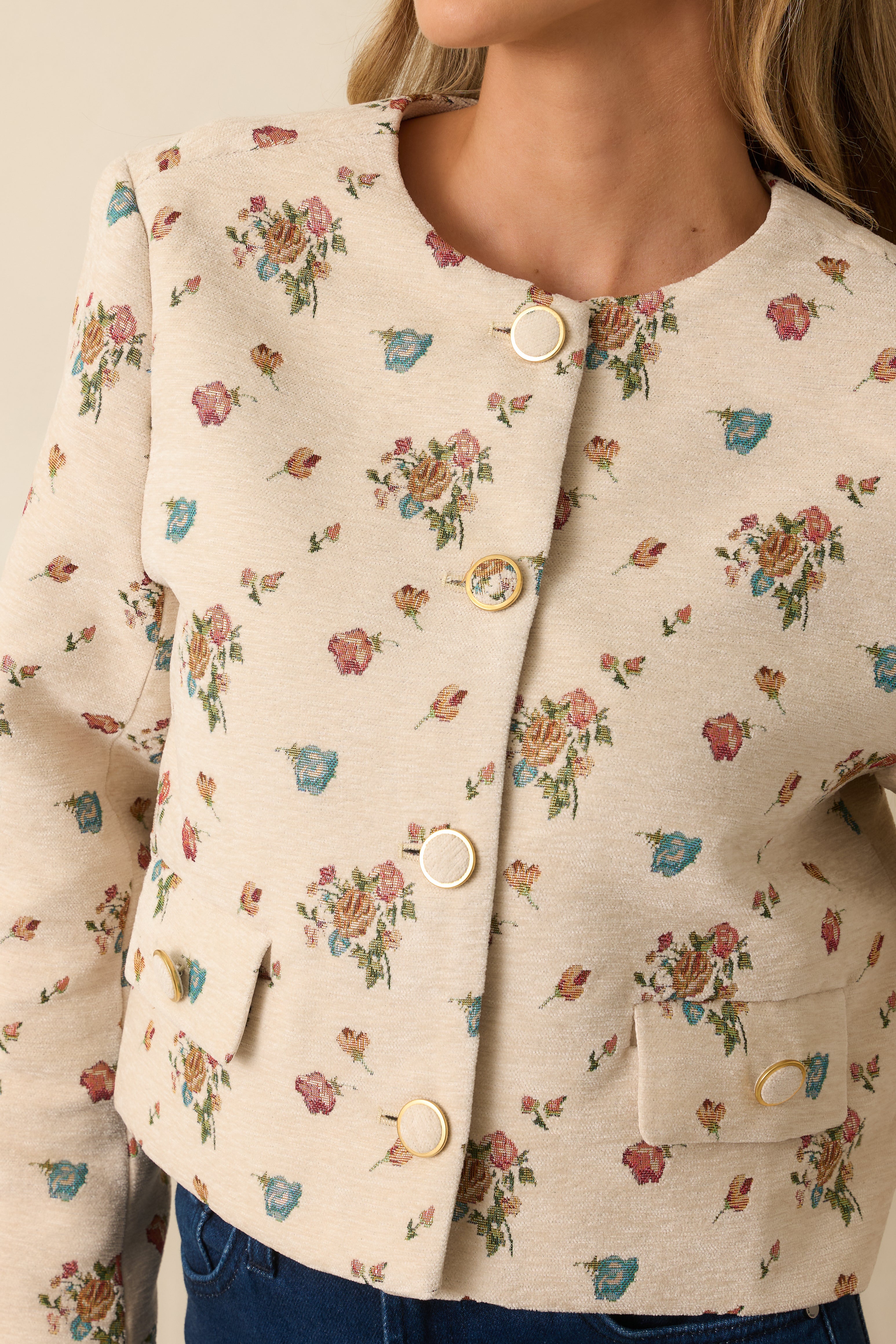 Just My Bouquet Cream Multi Floral Tapestry Button Front Jacket