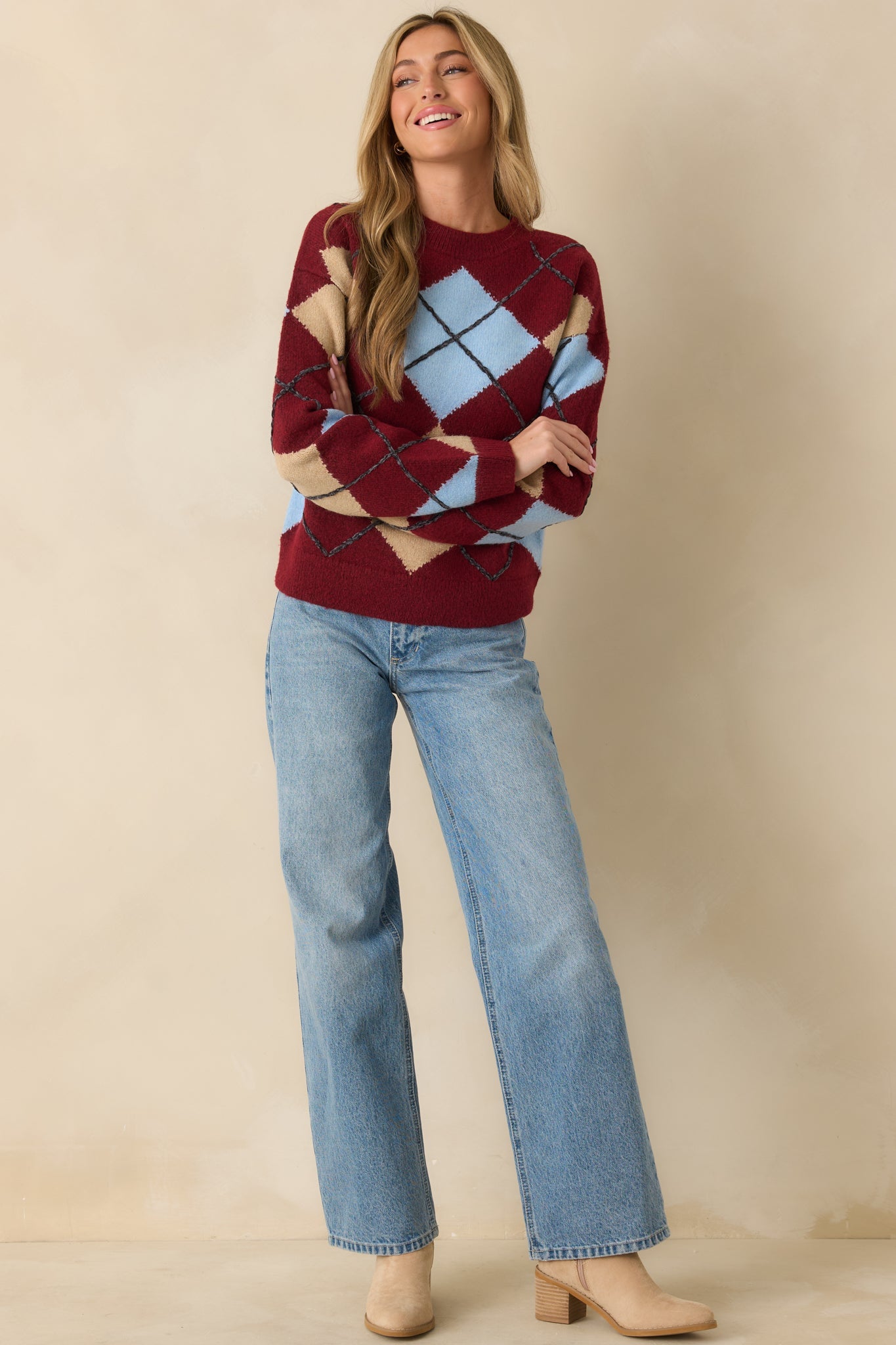 Check Back Later Burgundy Multi Argyle Knit Sweater