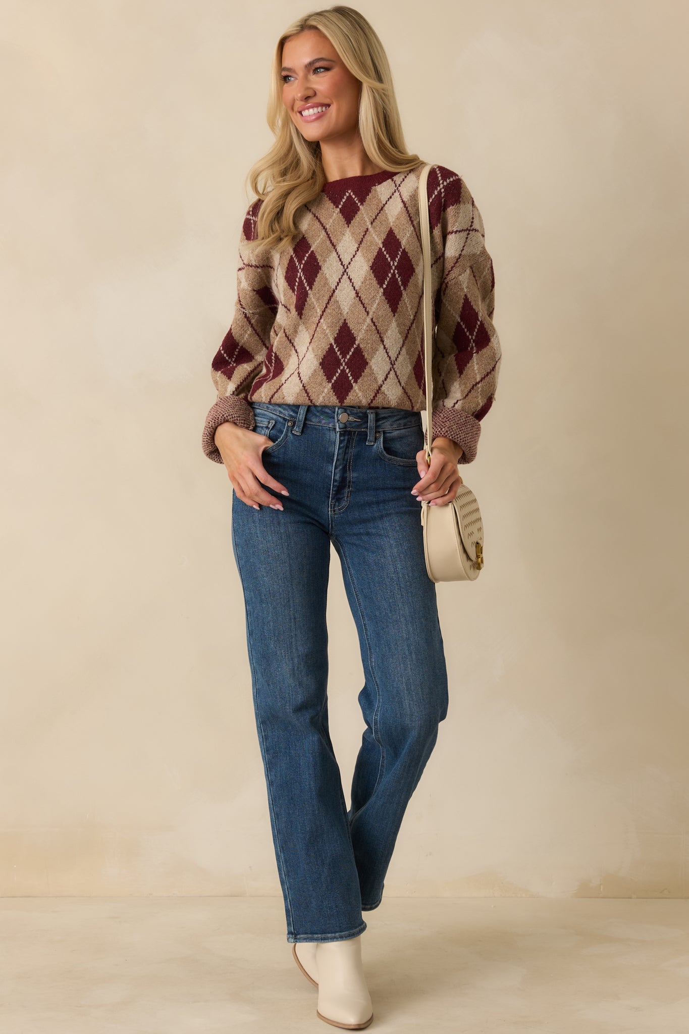 No Place Like Home Burgundy Multi Argyle Knit Sweater