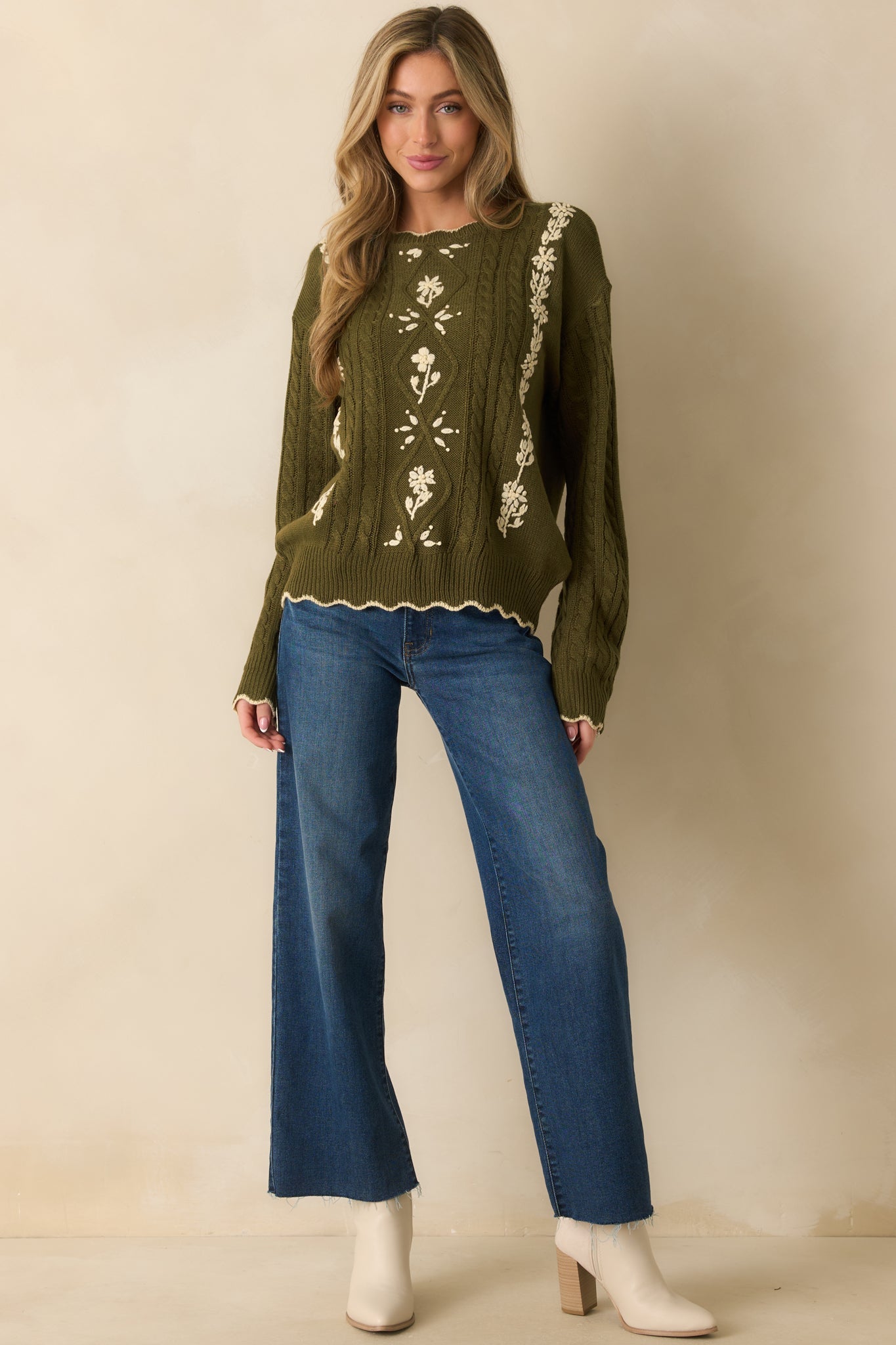 Guess Again Olive Cable Knit Floral Embroidered Scallop Hem Sweater