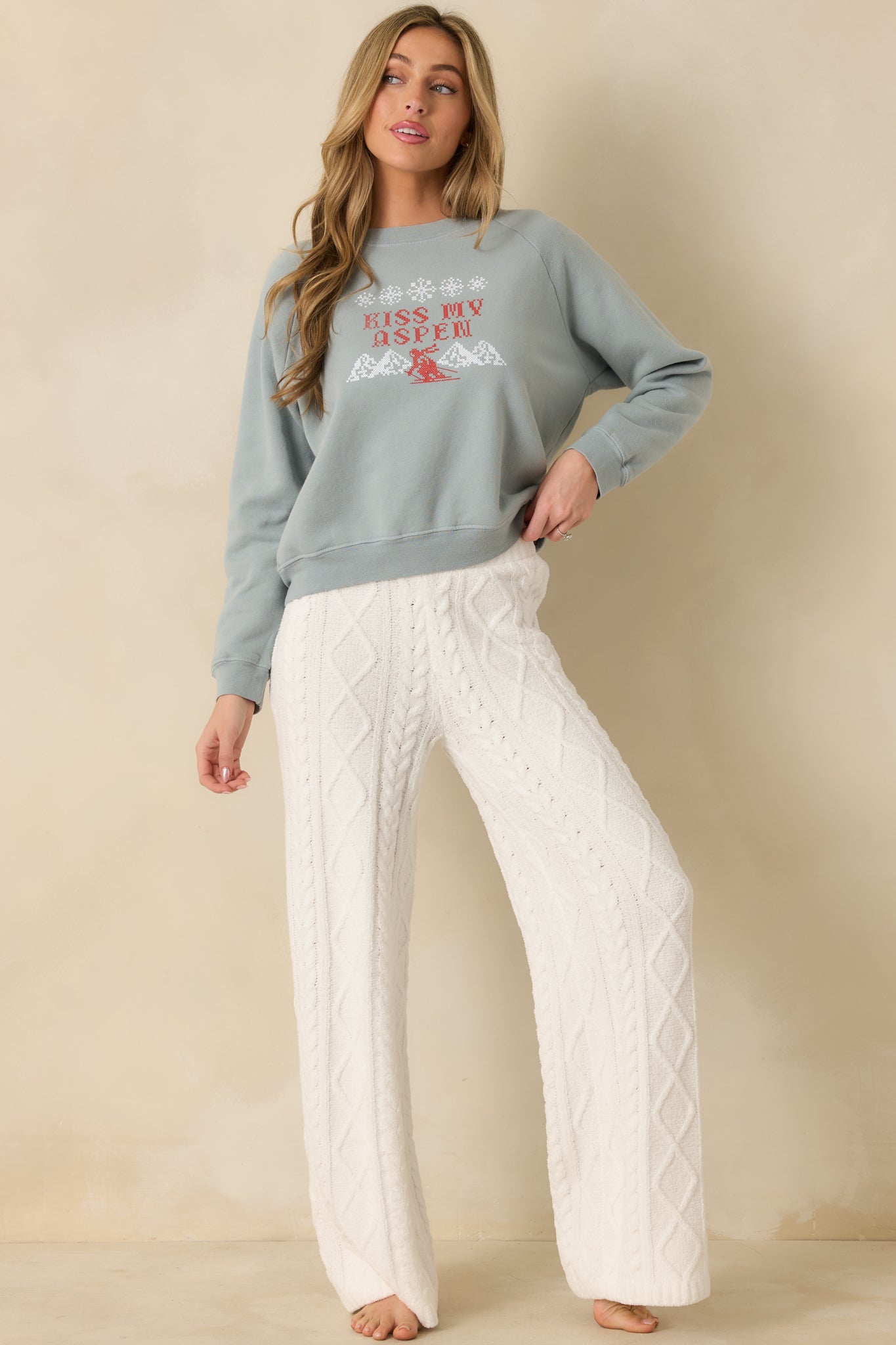 Kiss My Aspen Slate Blue Crewneck Ski Sweatshirt