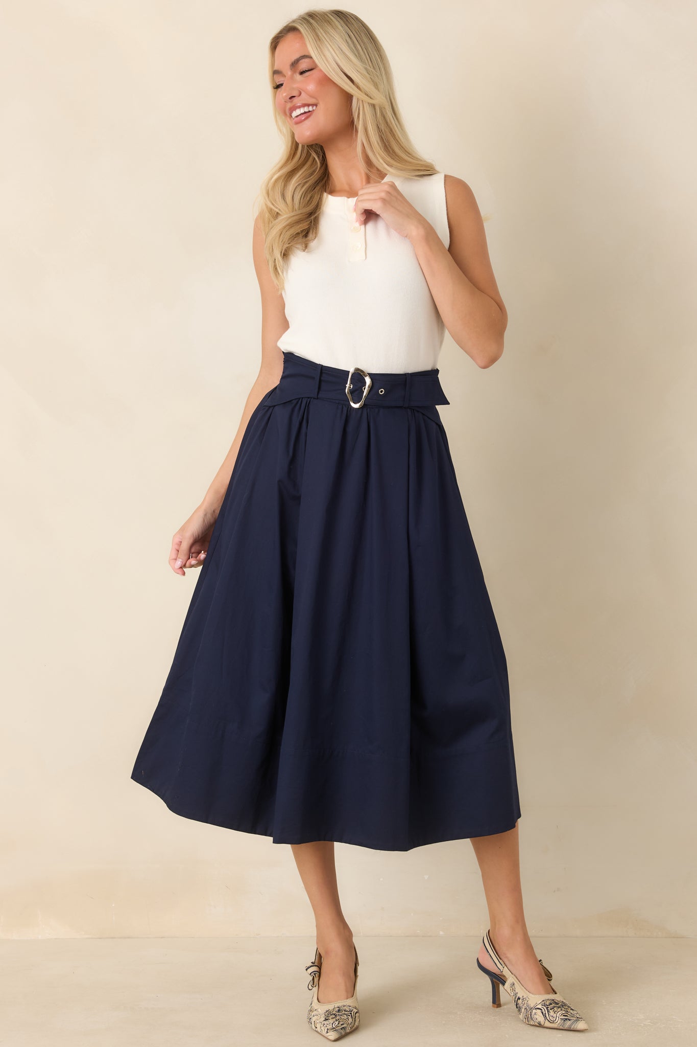 Worth Mentioning Navy Belted Cotton Midi Skirt