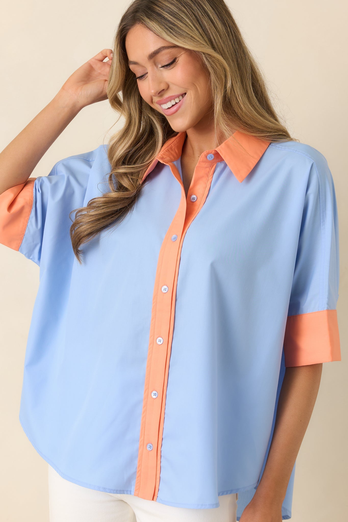Catch the Vibe Light Blue & Orange Color Block Short Sleeve Shirt