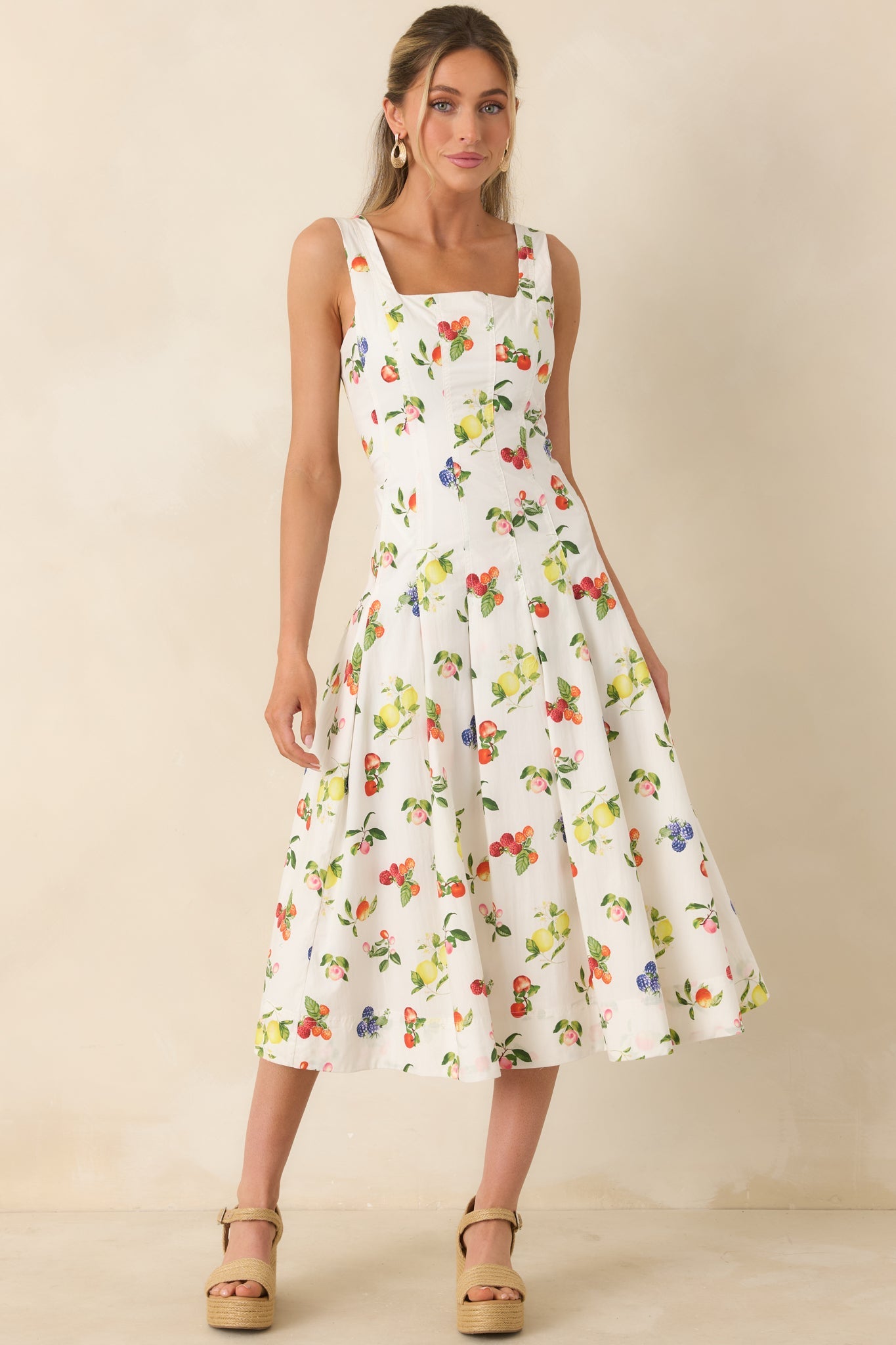 Sweet on Summer White Multi Cotton Fruit Print Midi Dress