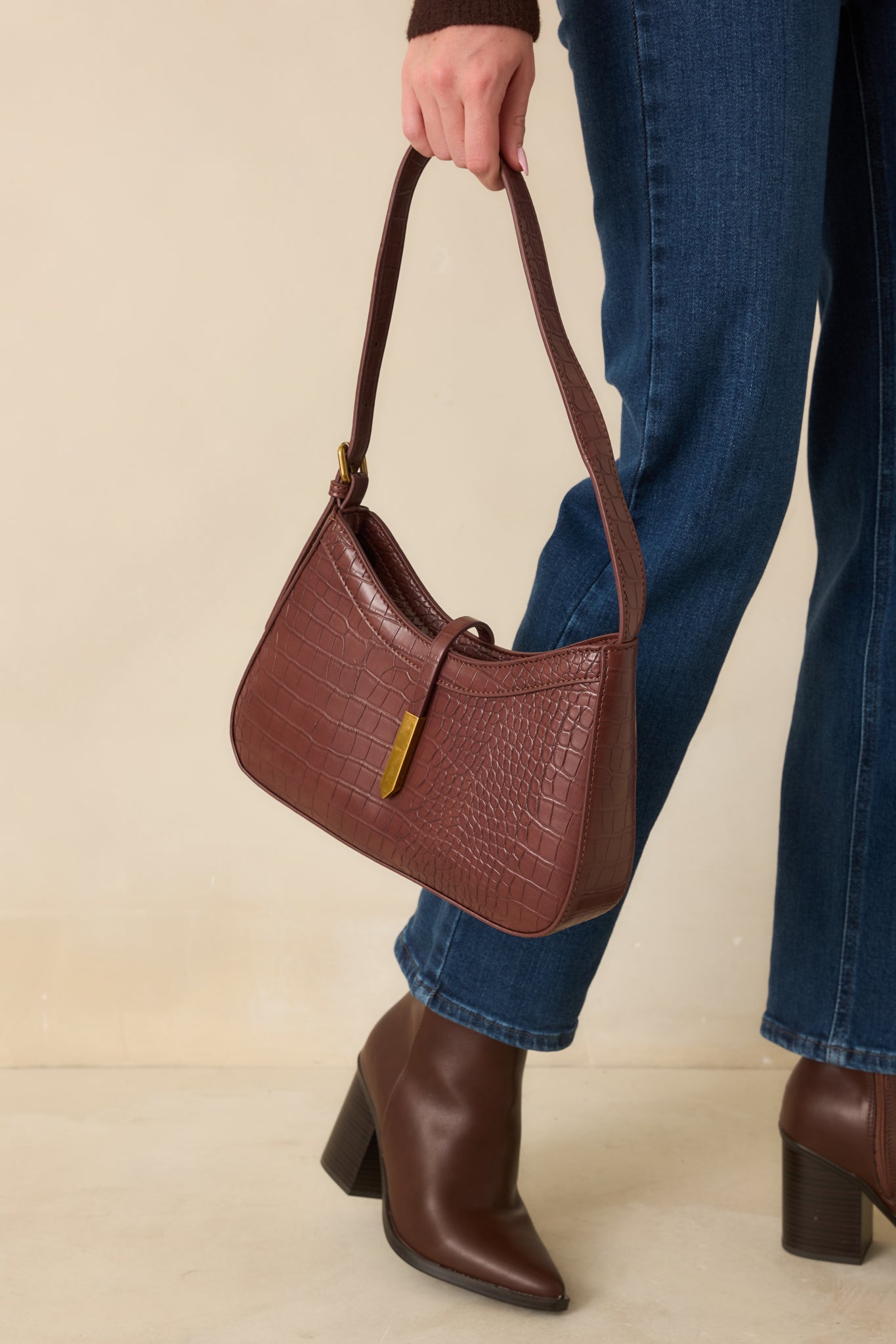 Worth The Risk Chocolate Brown Croc Embossed Faux Leather Handbag