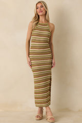 Earth Angel Green & Brown Stripe Crochet Halter Maxi Dress