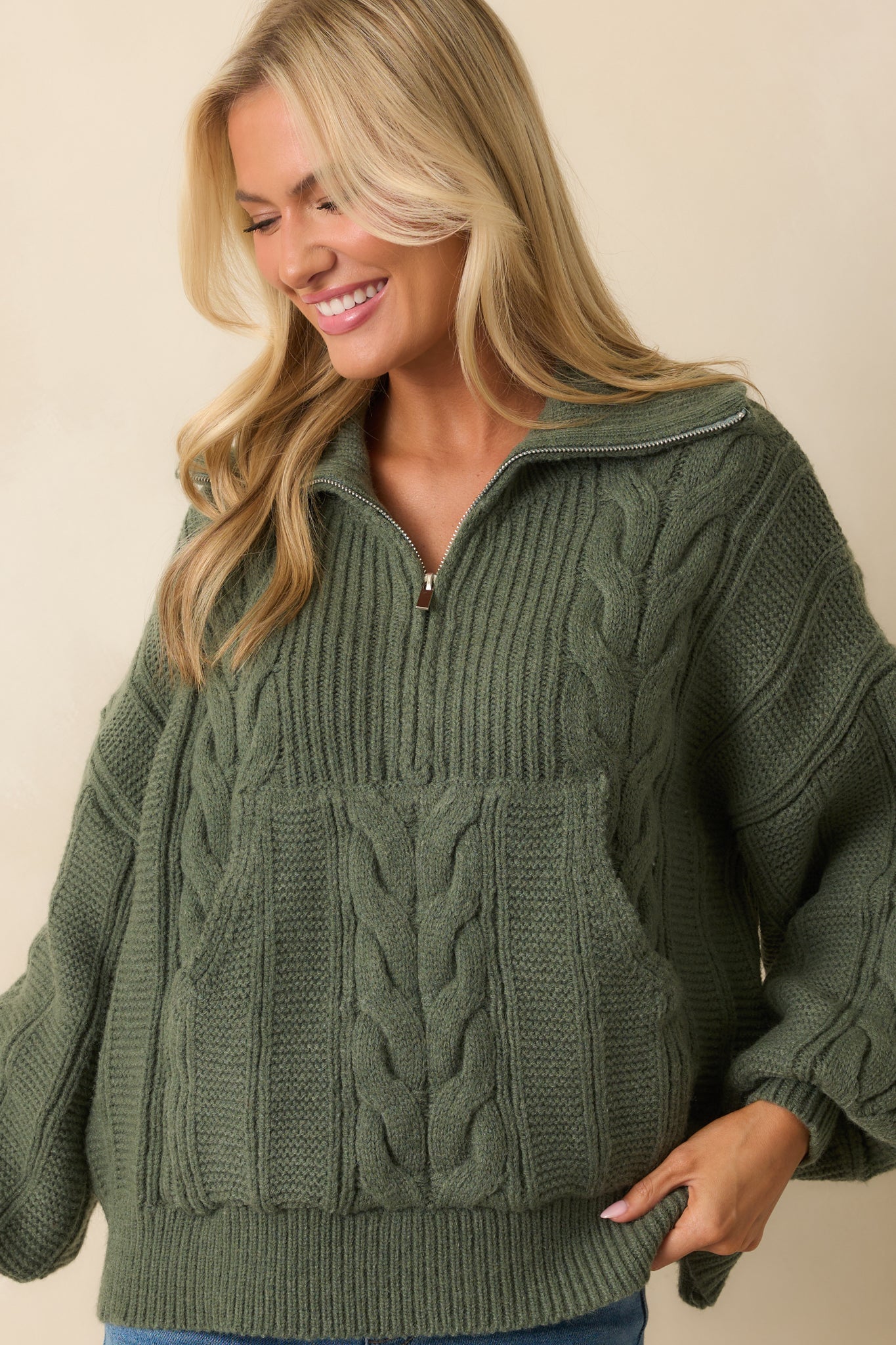 Day After Day Green Cable Knit Quarter Zip Pullover Sweater
